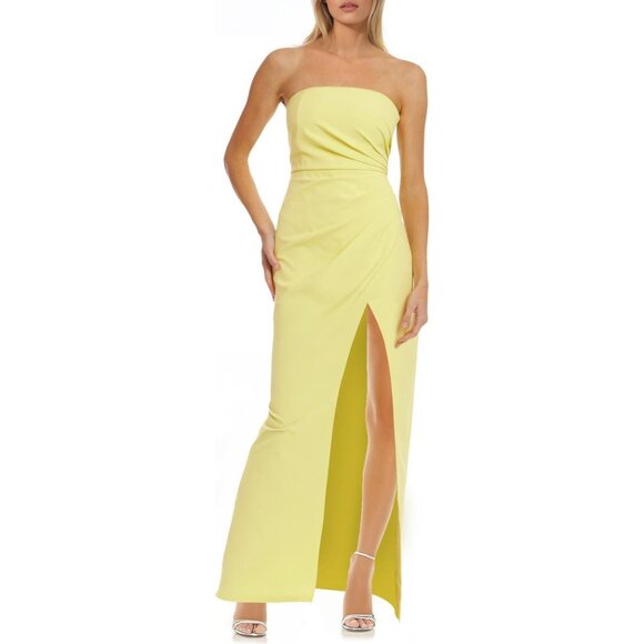 NWT Jewel Badgley Mischka Pleated Strapless yellow Sheath Gown maxi dress size 4 - Picture 1 of 11